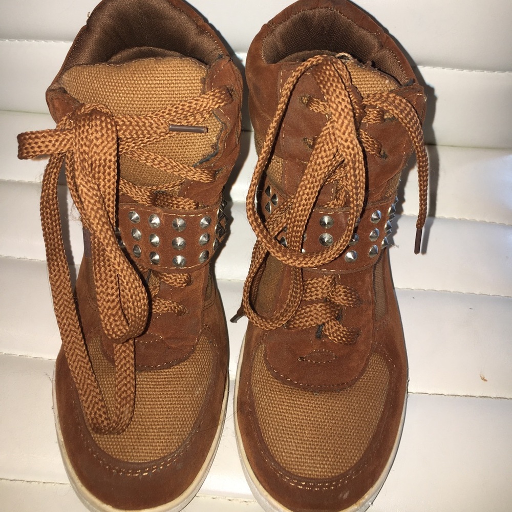 Brown Studded Sneaker Wedges